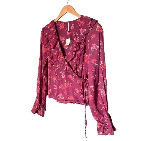 NWT Free People Amanda Ruffle Long Sleeve Wrap Blouse Burgundy Floral Size Small - Picture 6 of 16